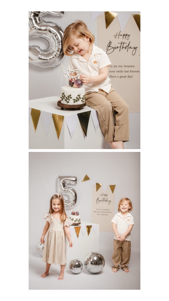 foto de cumpleaños infantil en estudio con luz suave en Madrid