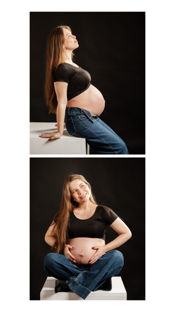 Sesión de embarazo en estudio con fondo negro en el Corredor del Henares
