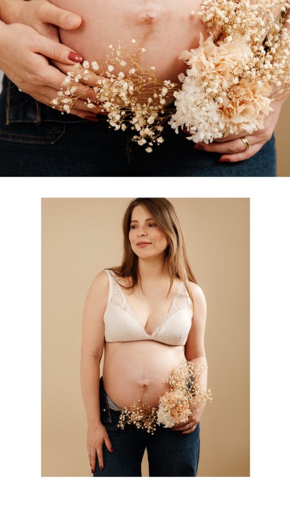 Foto en estudio de embarazo con fondo crema en corredor de henares