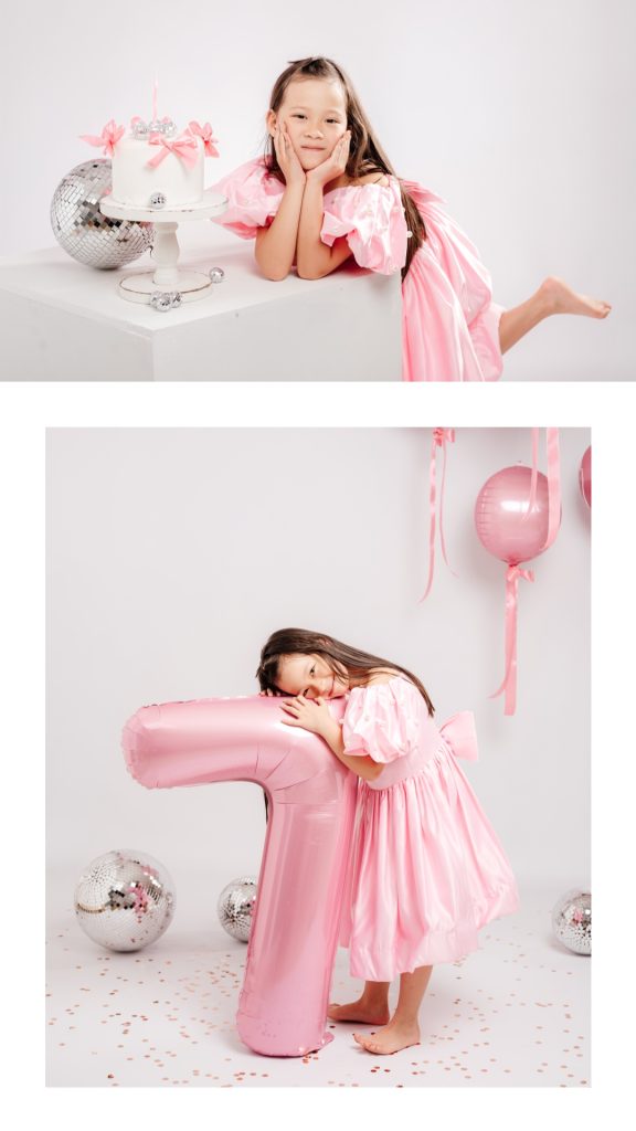 niña de 7 años con número gigante en sesión de cumpleaños en estudio en Madrid