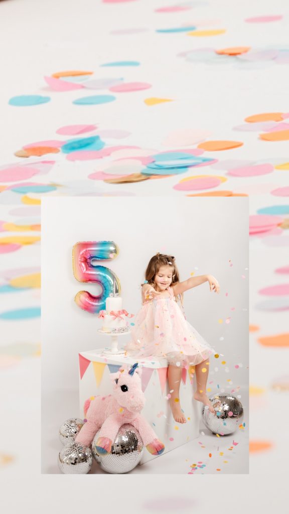 Sesión de cumpleaños en el Corredor de Henares confetti, tarta y unicornios
