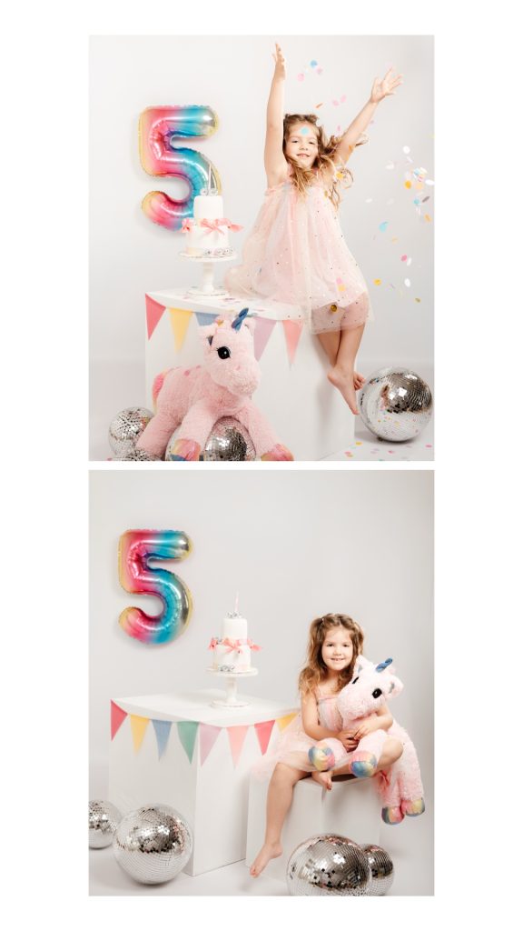 Sesión en estudio de cumpleaños con confetti, tarta y unicornio en Madrid