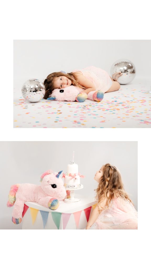 Niña celebrando su cumpleaños con una sesión con tarta y unicornios - Corredor de henares
