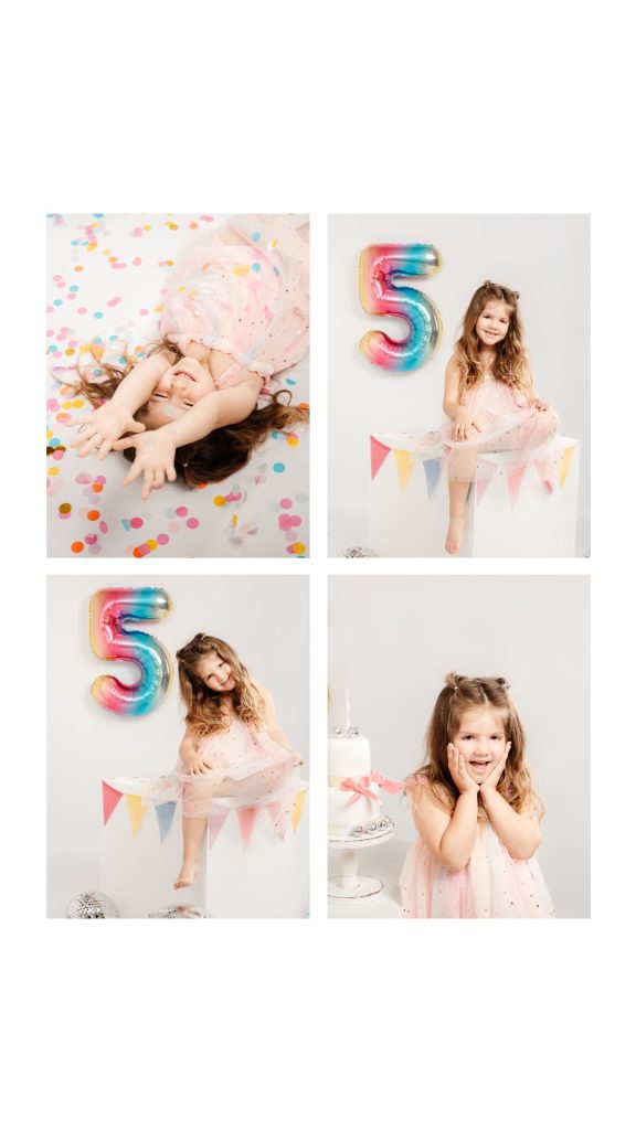 Cumpleaños de 5 años con confetti y tarta. sesión de fotos.